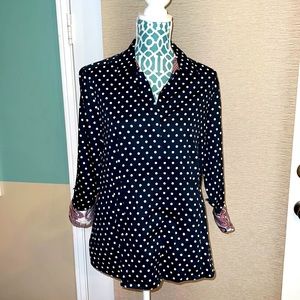 Foxcroft NYC Wrinkle Free Navy blouse with white polka dots w/pink & tan paisley
